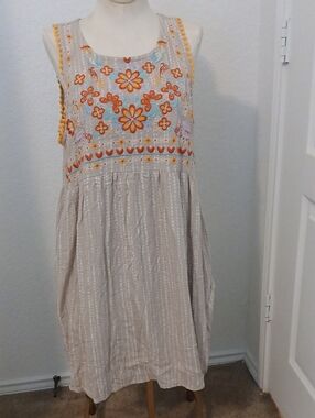 Savanna Jane Beige Dress with Orange and Blue Floral Embroidery